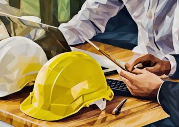 Two colleauges sitting next to each at a desk using health and safety software, with building construction hats symbolising the topic as health and safety