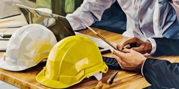 Two colleauges sitting next to each at a desk using health and safety software, with building construction hats symbolising the topic as health and safety