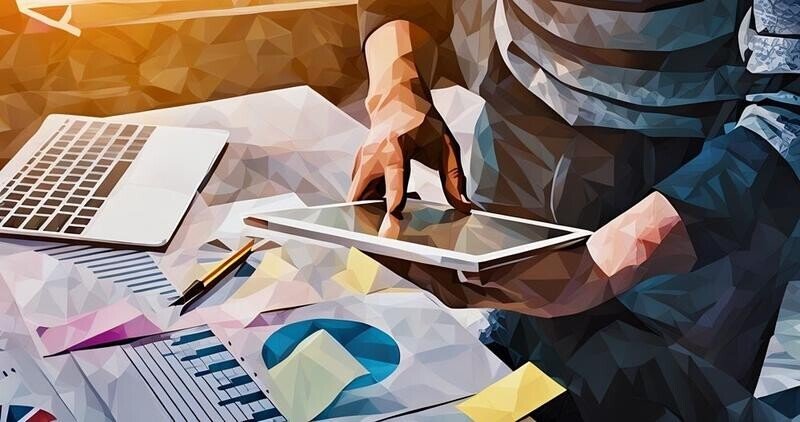 Entrepreneur using a tablet to access digital customer records to use for targeting purposes
