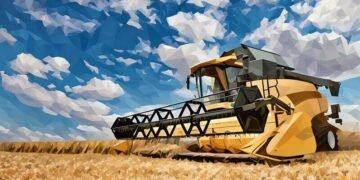 A farm harvester running through a field, eating up crops