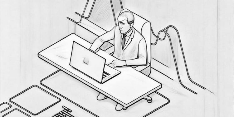 Digital marketer sitting at a desk using an online course to improve his marketing skills