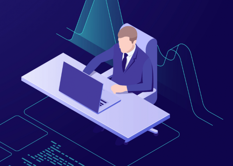 Digital marketer sitting at a desk using an online course to improve his marketing skills