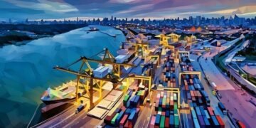 An port with shipping containers being loaded as an example of a business internationally expanding