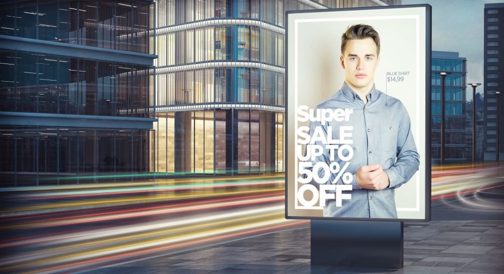 Advertising fashion sale billboard in city night 3d rendering