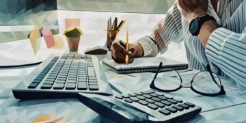 A entrepreneur using a computer, calculator and paper to work out how he can better budget