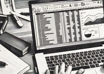 A business person using excel on a laptop to calculating marketing expenditure