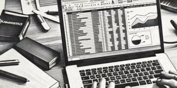 A business person using excel on a laptop to calculating marketing expenditure
