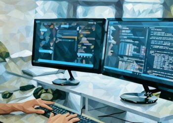 A developer working on code for a program at his desk via two monitors