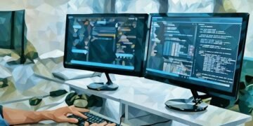 A developer working on code for a program at his desk via two monitors