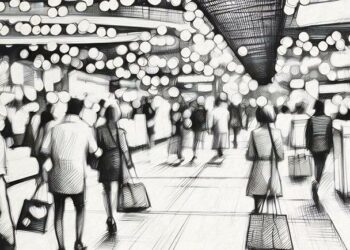 An image of a tradeshow with blurred business people walking around exploring vendor kiosks