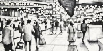 An image of a tradeshow with blurred business people walking around exploring vendor kiosks