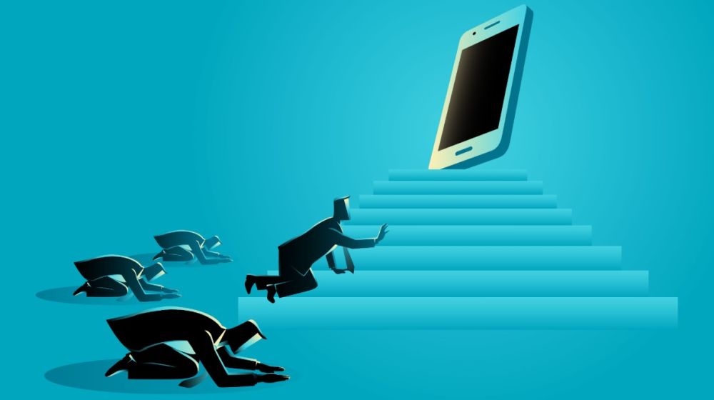Business customers worshipping a smartphone representing an online business