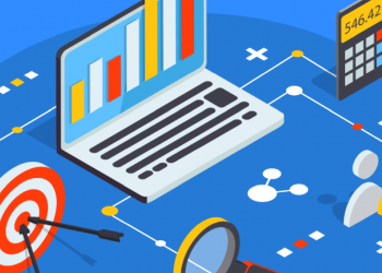 A laptop on a blue background surrounded by different marketing methods including data based marketing, experience marketing and more