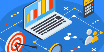 A laptop on a blue background surrounded by different marketing methods including data based marketing, experience marketing and more
