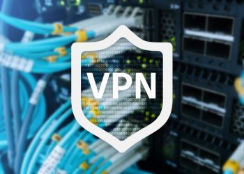 VPN abbreviation of virtual private network written in front of a series of hardware and network switches