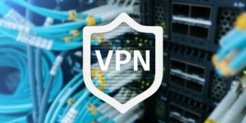VPN abbreviation of virtual private network written in front of a series of hardware and network switches