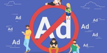 huge ad blocking symbol at the centre of a graphic with people browsing the itnernt around, exampling how users block ads