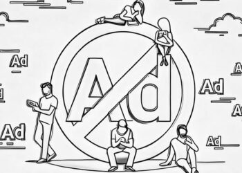 Huge ad blocking symbol at the centre of a graphic with people browsing the itnernt around, exampling how users block ads