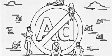 Huge ad blocking symbol at the centre of a graphic with people browsing the itnernt around, exampling how users block ads