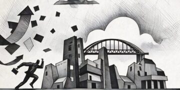 A business leader running into an abstract growing city with a growth arrow heading up