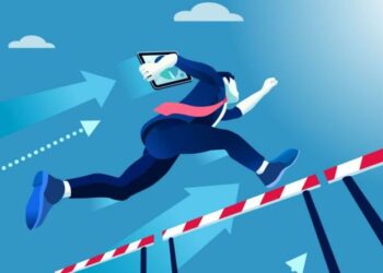 A business person running across barriers symbolsing breaking through adversity