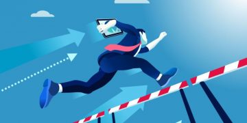 A business person running across barriers symbolsing breaking through adversity