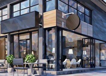 A commercial office building with a cafe at the bottom