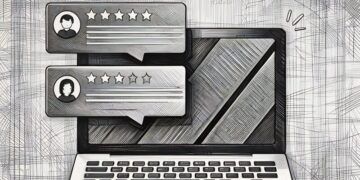 A series of customer review boxes with stars popping up from a laptop screen