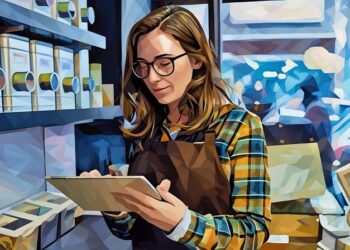 A retail entrepreneur standing in her store using a tablet to control inventory levels as an example of a forward thinking retail business