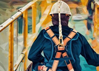 A construction worker attached to a safety line preventing workplace accidents