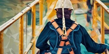 A construction worker attached to a safety line preventing workplace accidents