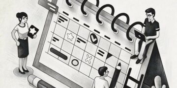 A giant calendar with a man using a giant pen to tick off dates and adjust the team schedule