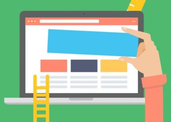 A hand selecting an image for a business website on a cartoon computer screen