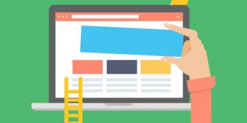 A hand selecting an image for a business website on a cartoon computer screen