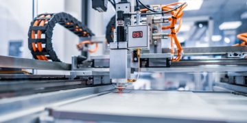 A CNC machine using a laser to automate the process of cutting metal components on a production line