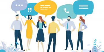 A series of people standing next to different visual representations of communication channels