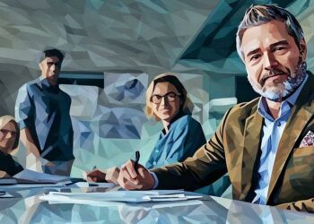 A group of non-execuitve directors sitting around a table in a board room, one in the foreground starting at the camera