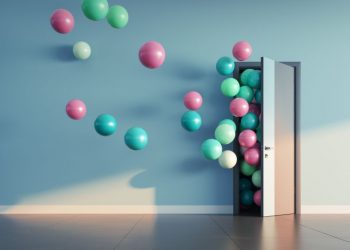 Balloons flying out of an office door to symbolising welcoming a new employee