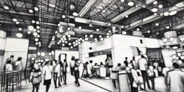 A busy tradeshow, with business people walking around and connecting at different booths