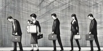 A series of workers walking together in a line towards the office on commute