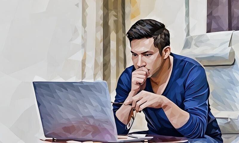 A man staring at a focused way at a laptop holding his glasses