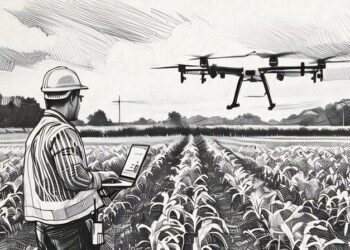 A man if safety gear operating a drone in the practice of agriculture (above a field of grain)
