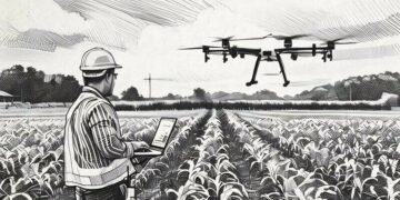 A man if safety gear operating a drone in the practice of agriculture (above a field of grain)