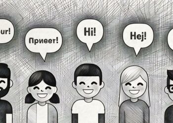 A group of cartoon people with speech bubbles above tehre heads saying hello in the different languages they speak for business