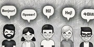 A group of cartoon people with speech bubbles above tehre heads saying hello in the different languages they speak for business