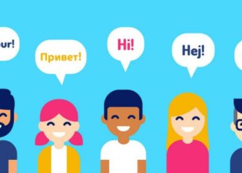 A group of cartoon people with speech bubbles above tehre heads saying hello in the different languages they speak for business