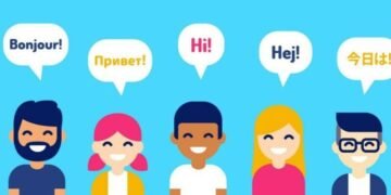 A group of cartoon people with speech bubbles above tehre heads saying hello in the different languages they speak for business
