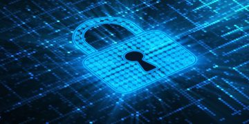 Illustration of a digital padlock in blue computer light as a metaphor for cyber security