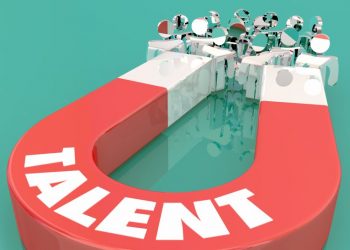 A giant magnet attracting icons of people, as a metaphor for businesses attracting employees