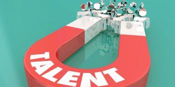 A giant magnet attracting icons of people, as a metaphor for businesses attracting employees